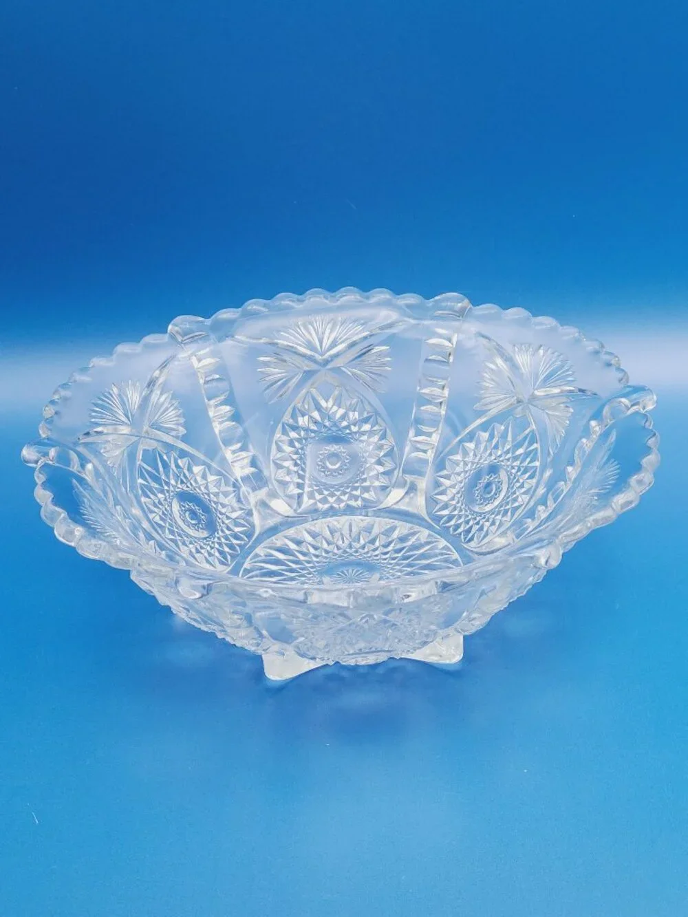 Antique EAPG Glass Footed Bowl Buttressed Sunburst Tarentum Pattrn 8.5